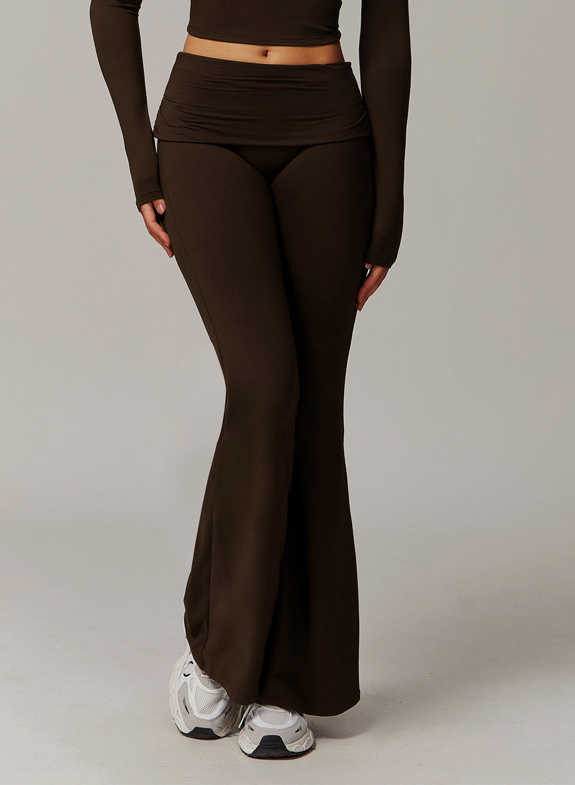 Brushed Foldover High-Waist Ruched Flared Yoga Pants