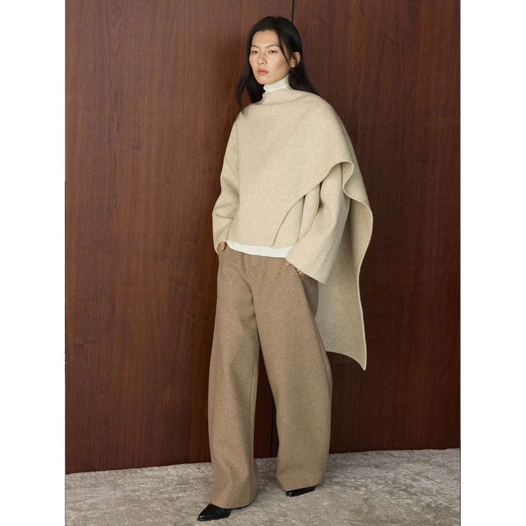 Faux Wool Double-Faced Coat Women's Winter Fashion  Asymmetric Lapel Irregular Loose Fit Warm Outerwear