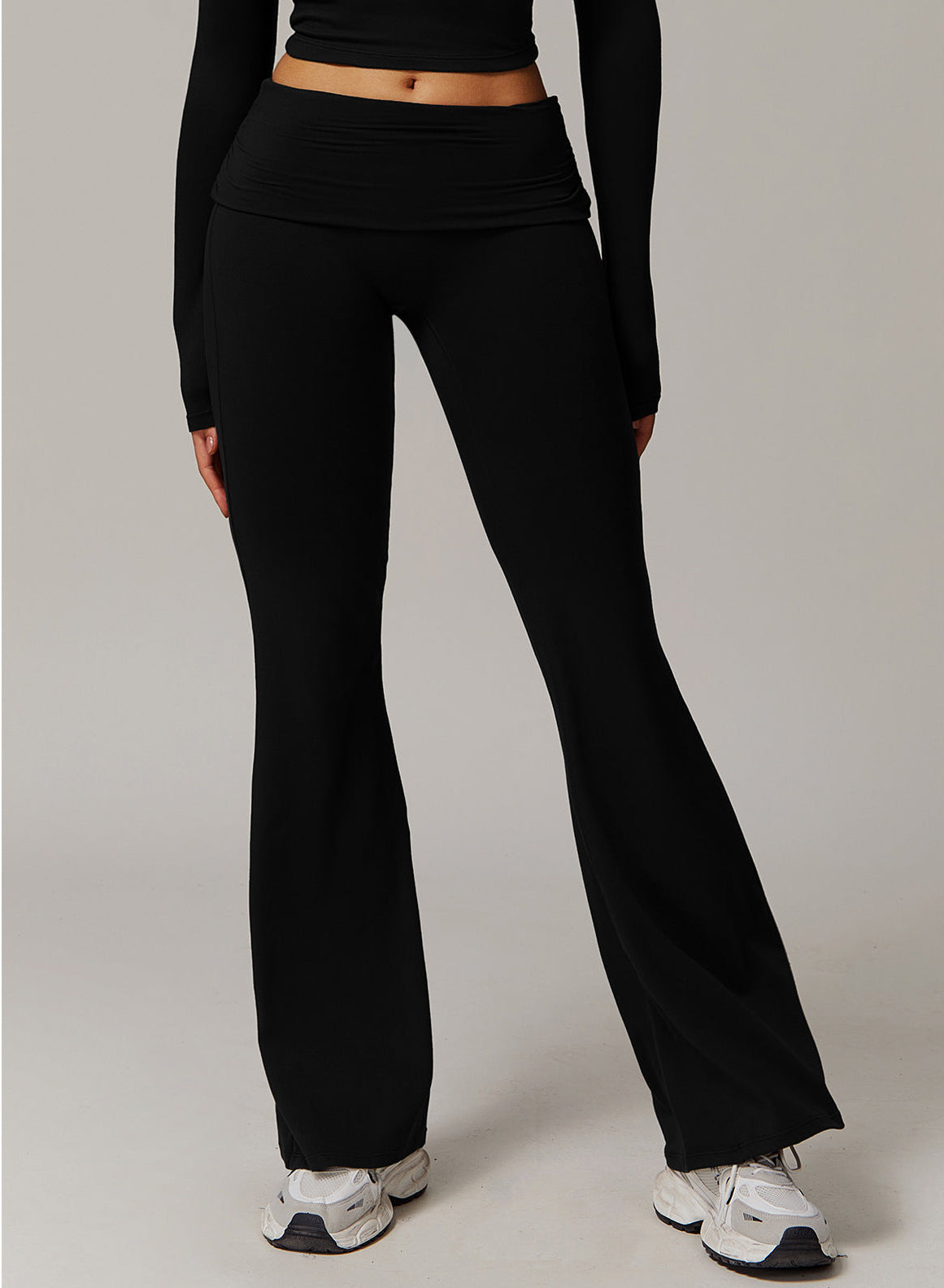 Brushed Foldover High-Waist Ruched Flared Yoga Pants