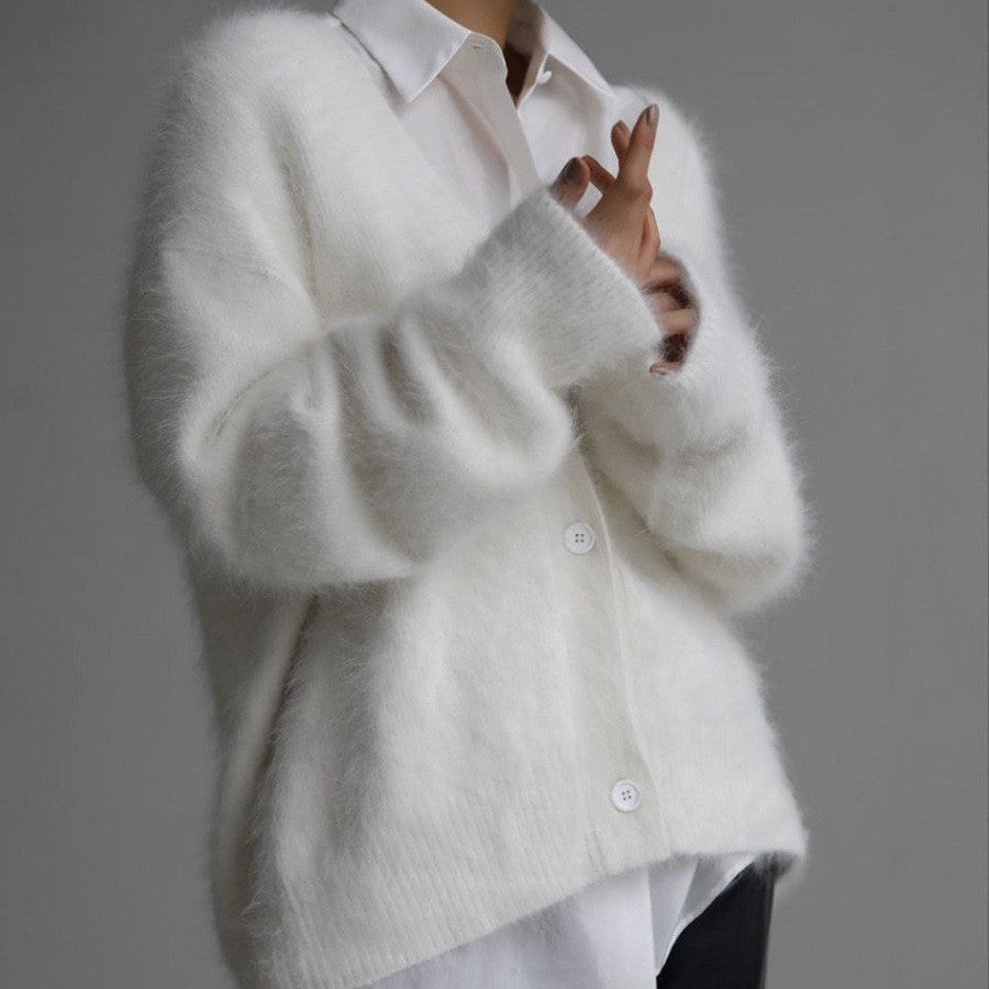 New Knit Cardigan Loose Oversized Autumn Winter Long Sleeve V-Neck Outerwear Sweater Women Fake Mink