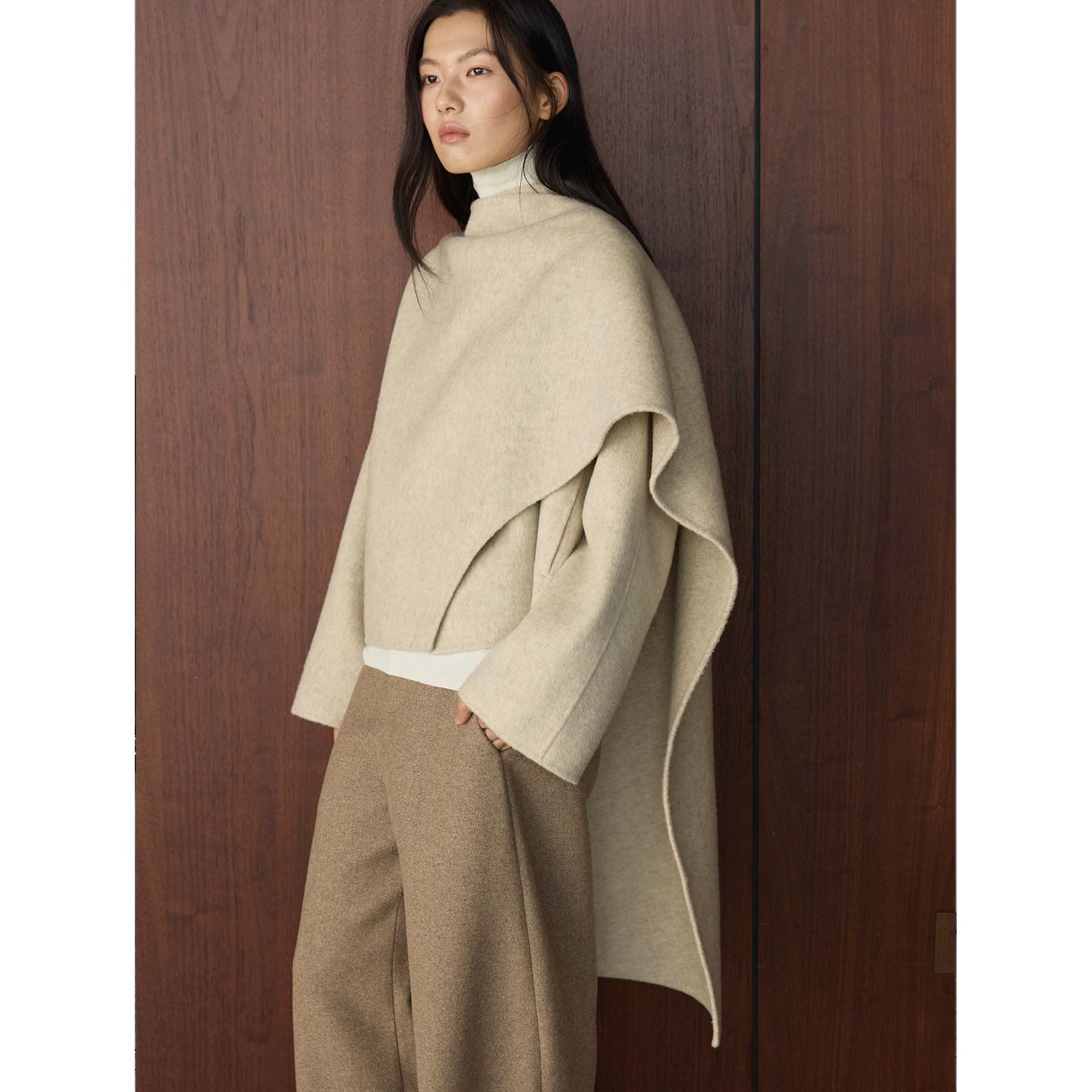 Faux Wool Double-Faced Coat Women's Winter Fashion  Asymmetric Lapel Irregular Loose Fit Warm Outerwear