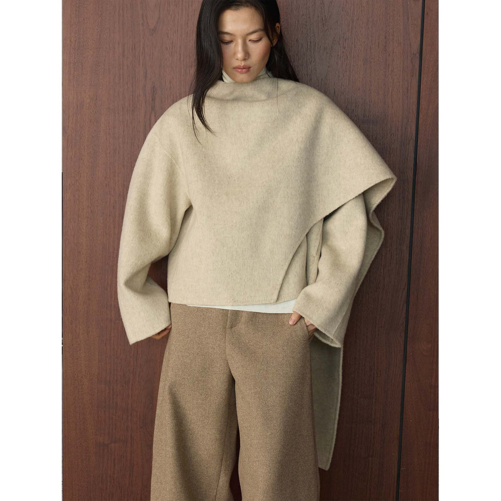 Faux Wool Double-Faced Coat Women's Winter Fashion  Asymmetric Lapel Irregular Loose Fit Warm Outerwear