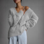 New Knit Cardigan Loose Oversized Autumn Winter Long Sleeve V-Neck Outerwear Sweater Women Fake Mink