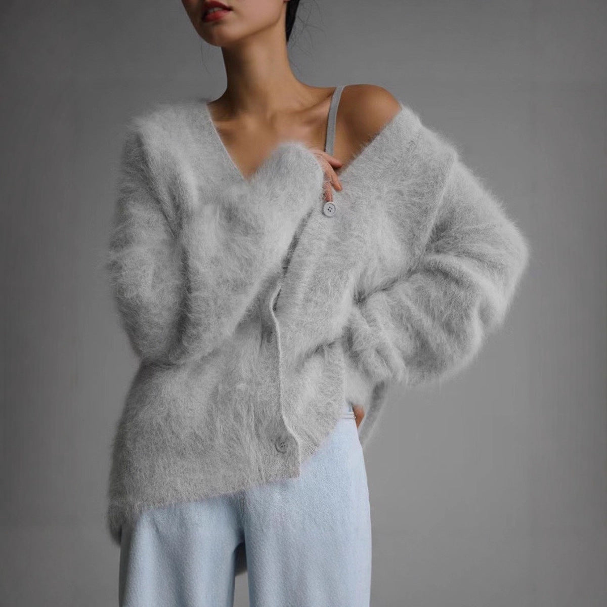 New Knit Cardigan Loose Oversized Autumn Winter Long Sleeve V-Neck Outerwear Sweater Women Fake Mink