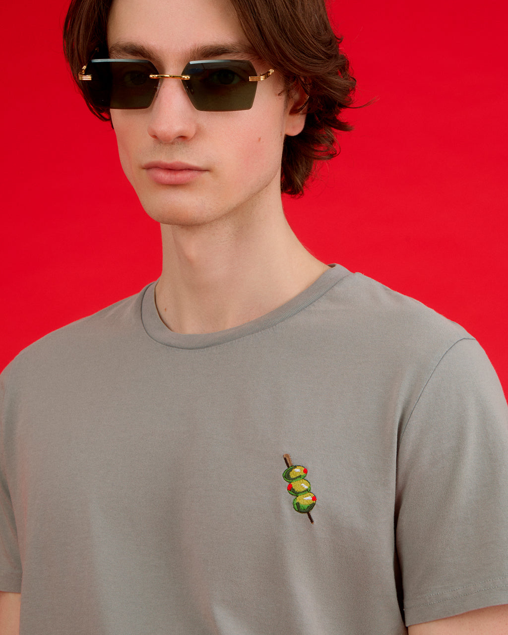 Olives Embroidered Organic Cotton T-Shirt Grey