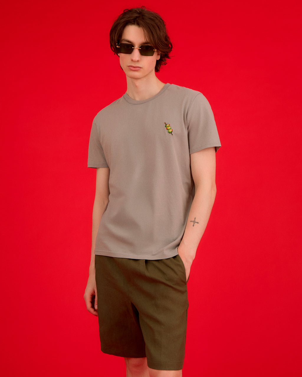 Olives Embroidered Organic Cotton T-Shirt Grey