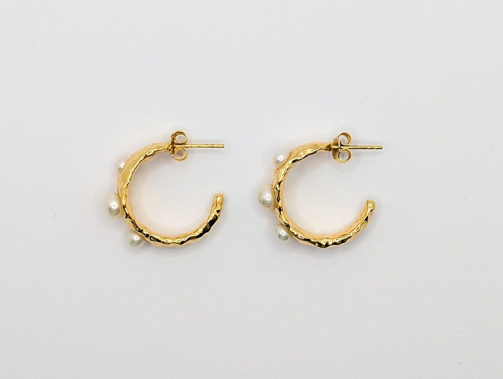 Gold Coral Textured Pearl Chunky Hoop Earrings