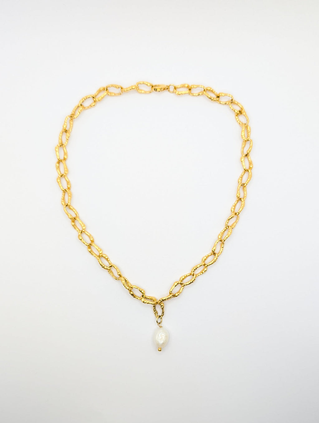 Gold Sandy Textured Chunky Chain Pearl Pendant Necklace