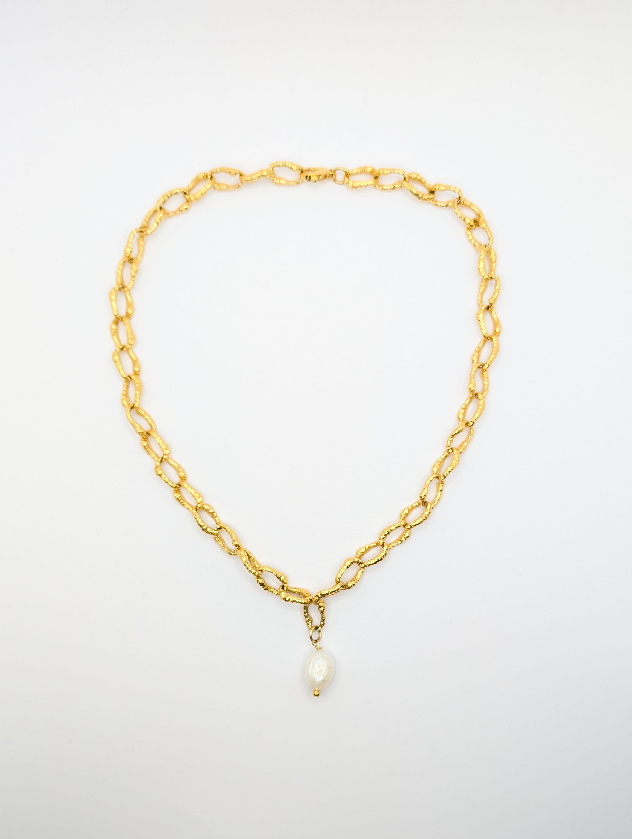 Gold Sandy Textured Chunky Chain Pearl Pendant Necklace