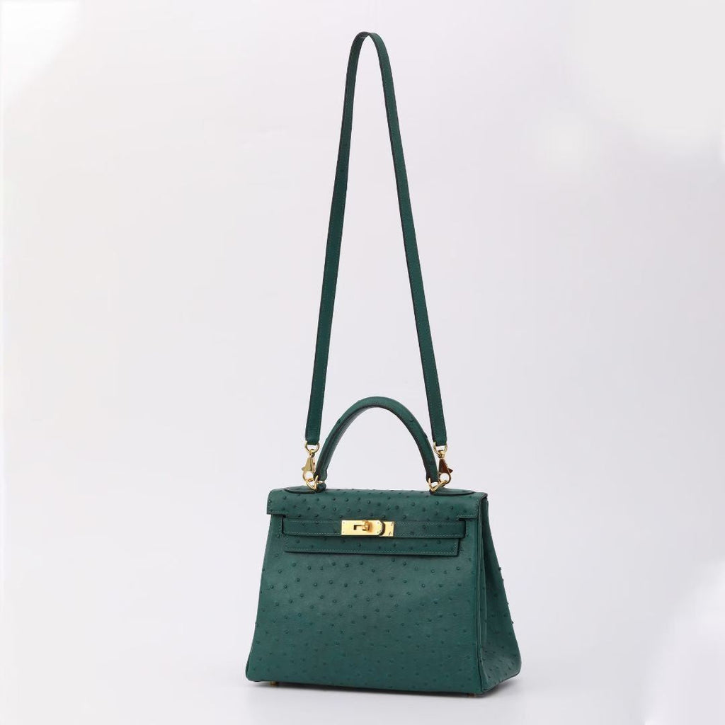 Dark Green Genuine Ostrich Skin Leather Flap Tote Bag