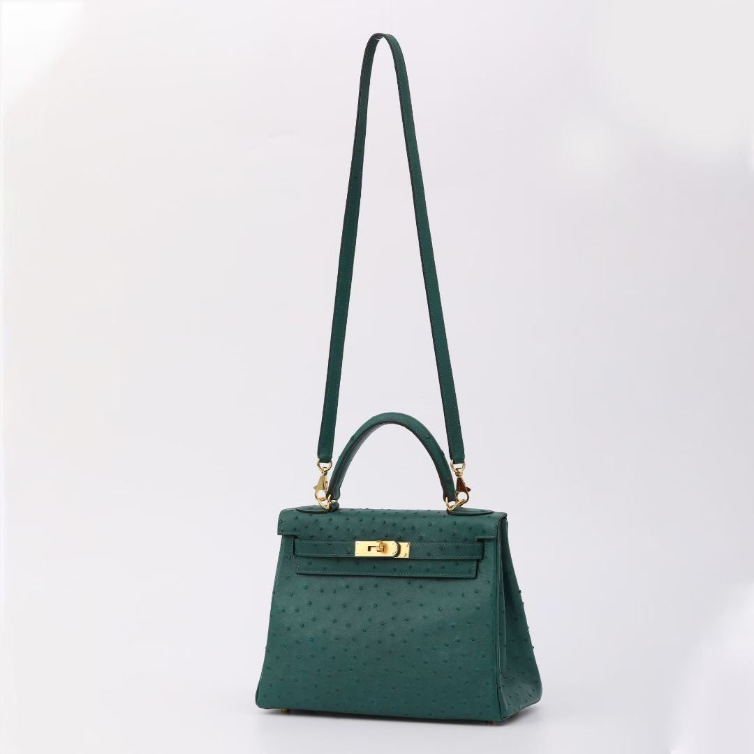 Dark Green Genuine Ostrich Skin Leather Flap Tote Bag