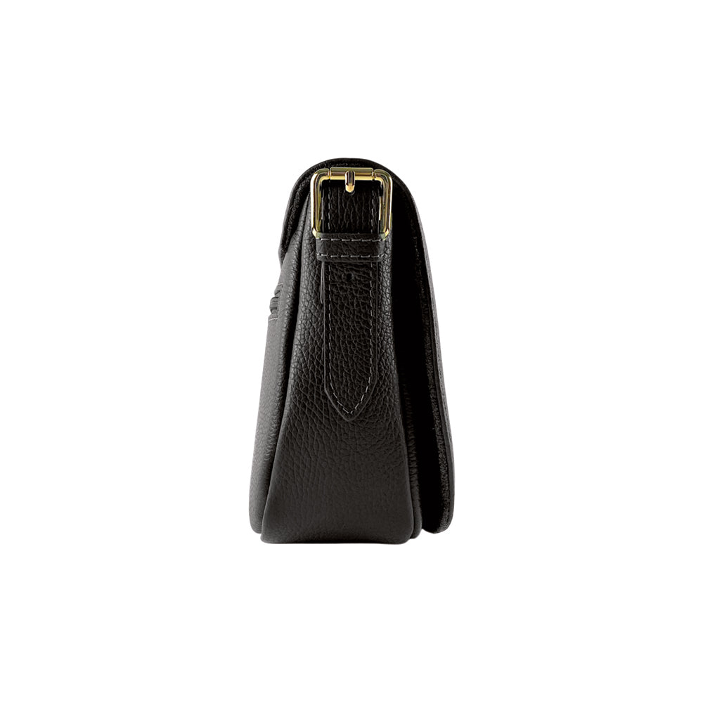 RB1002A | Made in Italy Genuine Leather Shoulder Bag with Removable Leather Shoulder Strap and Shiny Gold Metal Buckle Attachments - Black Color - Size: 26 x 20 x 10 cm.