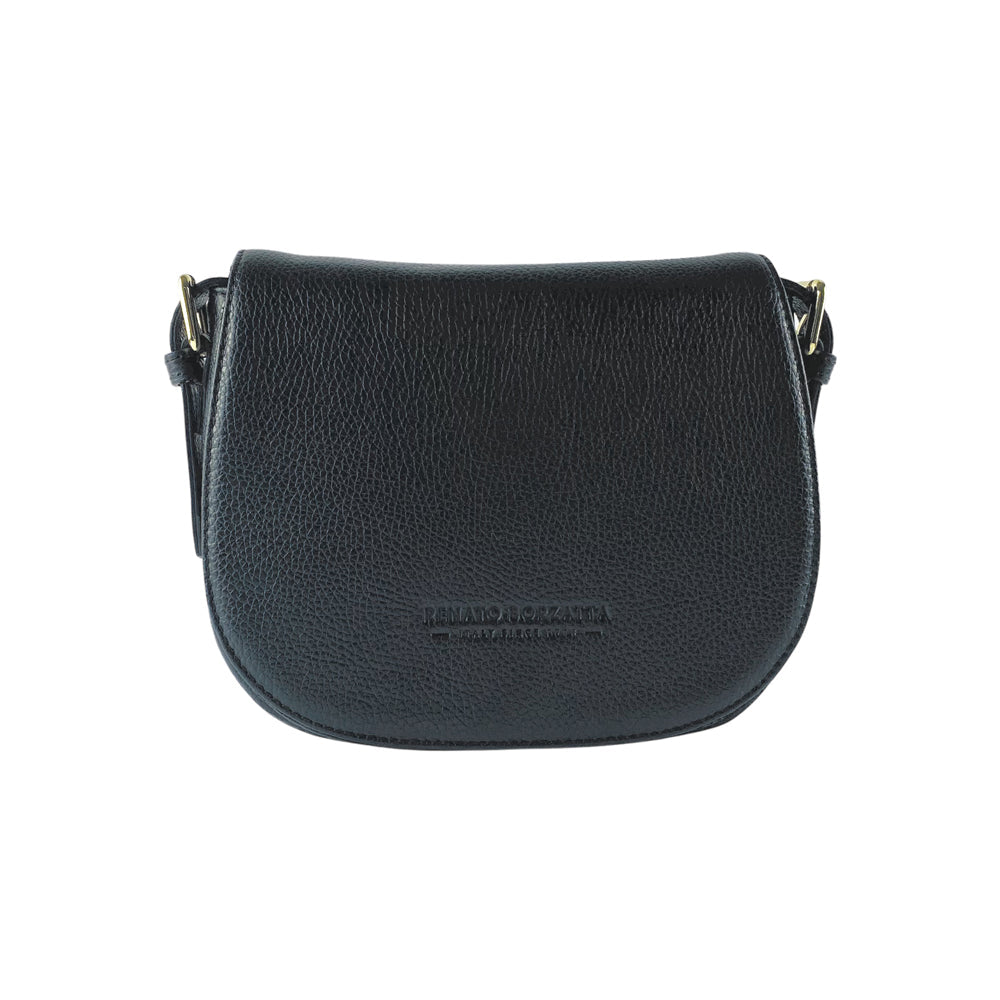RB1002A | Made in Italy Genuine Leather Shoulder Bag with Removable Leather Shoulder Strap and Shiny Gold Metal Buckle Attachments - Black Color - Size: 26 x 20 x 10 cm.