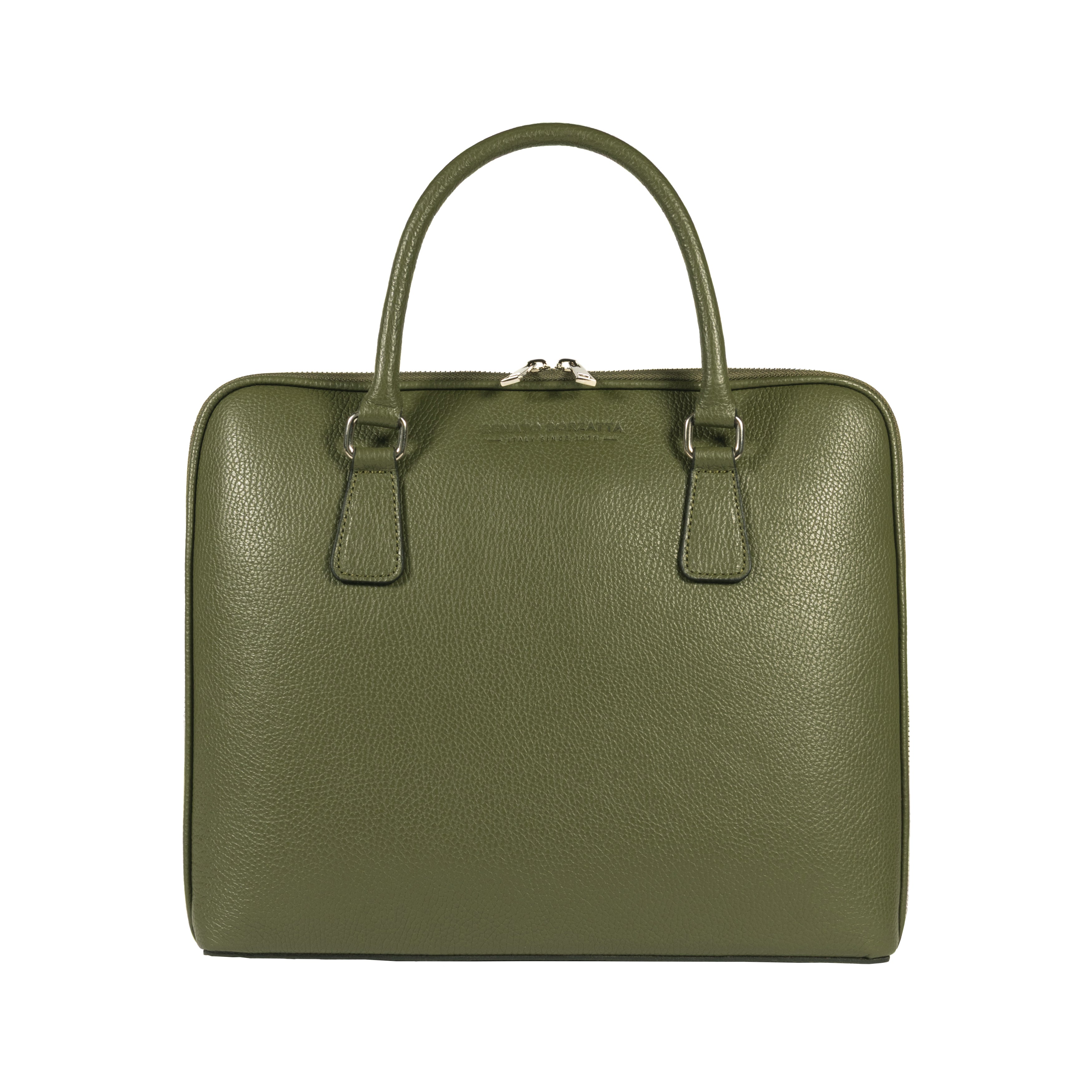 RB1019E | Made in Italy Genuine Leather Unisex Business Briefcase with removable shoulder strap. Polished Nickel metal snap hook attachments - Green color - Dimensions: cm 37 x 29 x 6.5