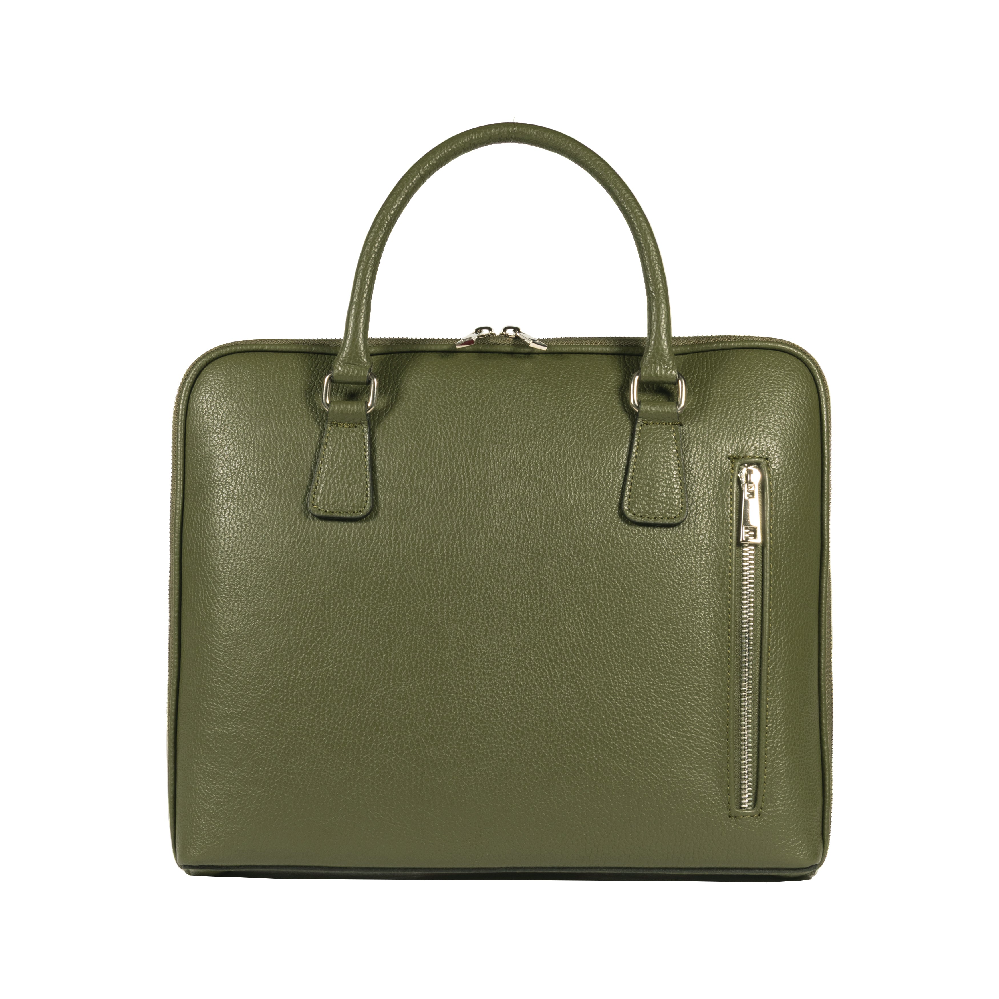 RB1019E | Made in Italy Genuine Leather Unisex Business Briefcase with removable shoulder strap. Polished Nickel metal snap hook attachments - Green color - Dimensions: cm 37 x 29 x 6.5