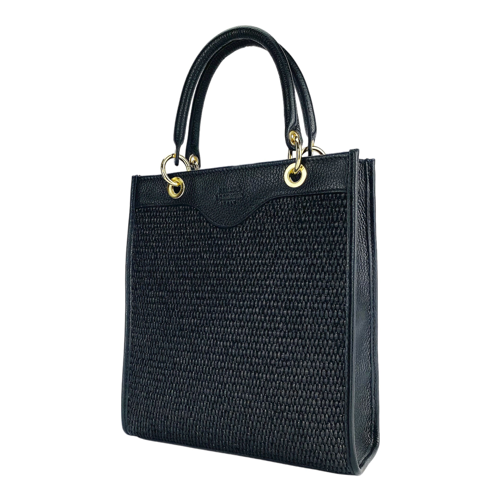 RB1026A | Women's upright hand bag in Genuine Leather and Straw Made in Italy. Removable and adjustable leather shoulder strap. Shiny Gold accessories - Black color - Dimensions: cm 24 x 29 x 9