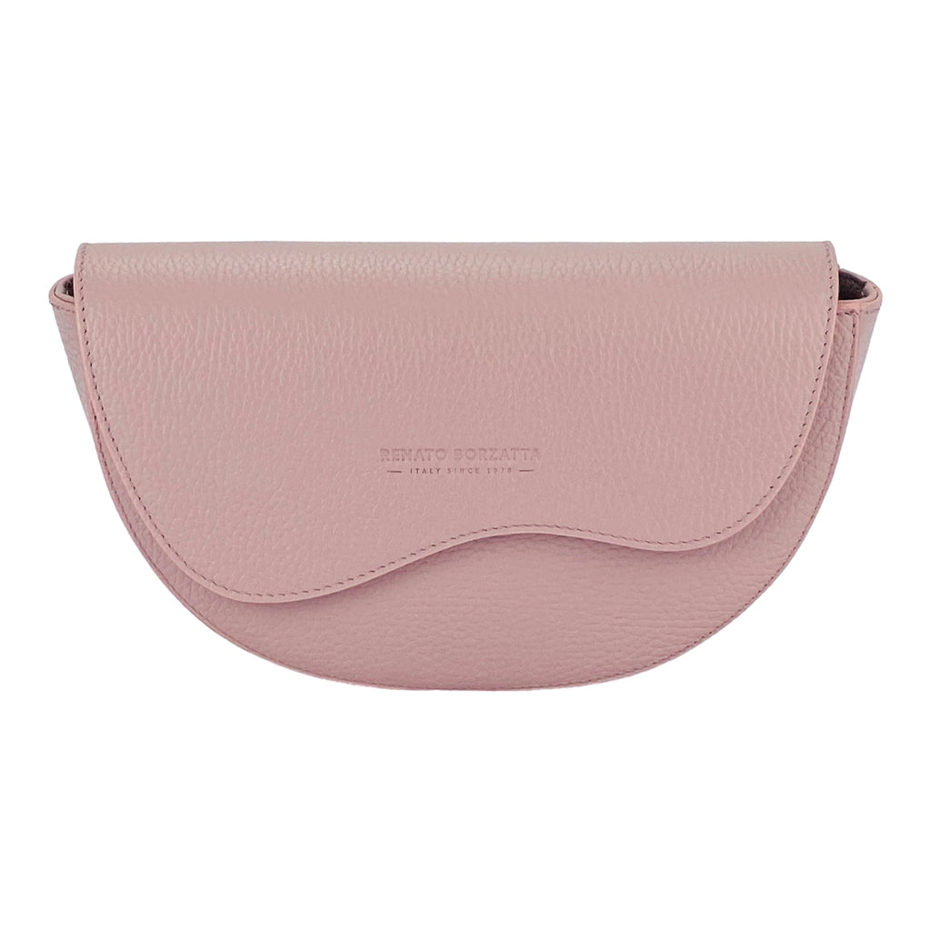 RB1027AZ | Women's Rounded Bandolier Bag in Genuine Leather Made in Italy. Removable and adjustable leather shoulder strap. Polished Nickel hardware - Antique Pink color - Dimensions: 25 x 15 x 9 cm.