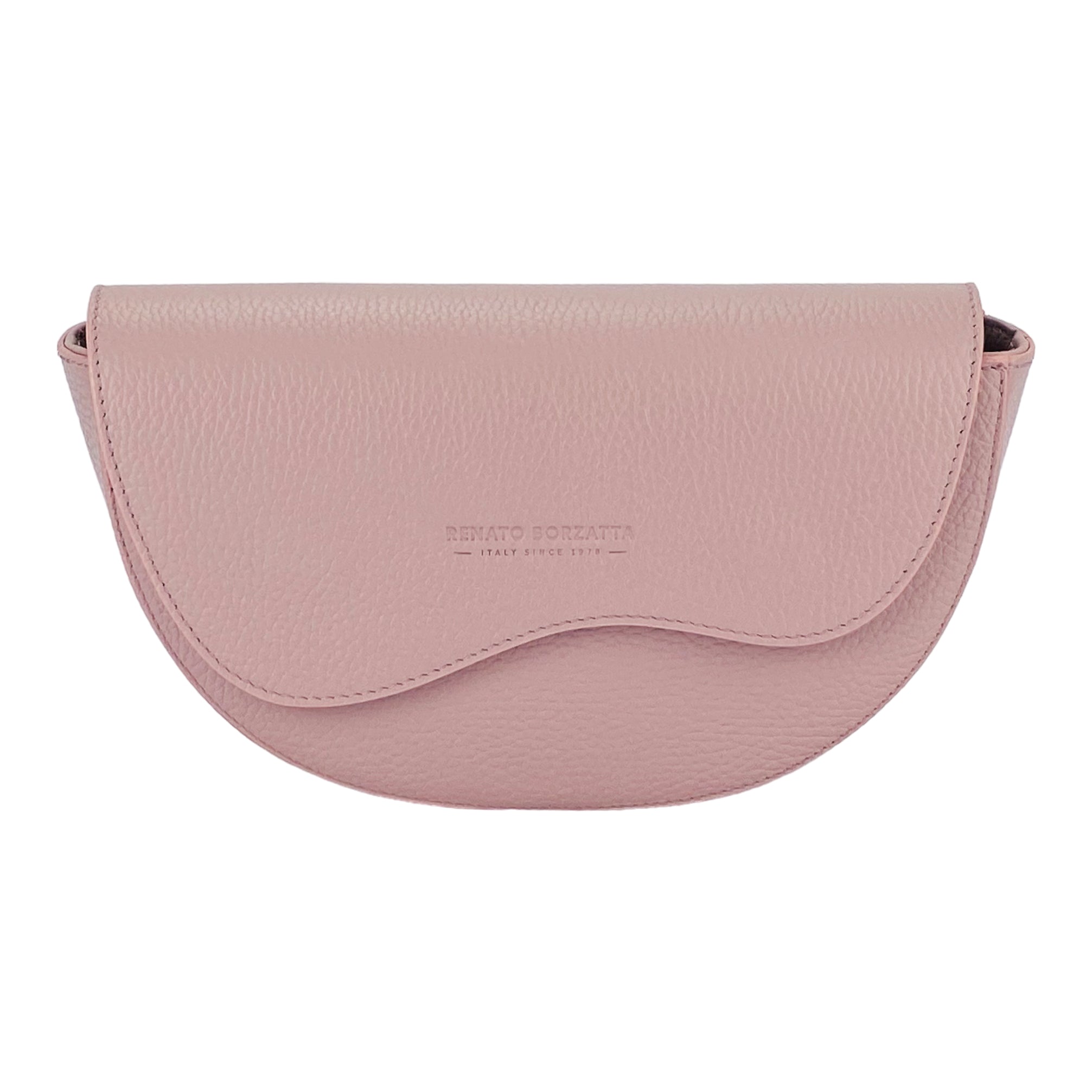 RB1027AZ | Women's Rounded Bandolier Bag in Genuine Leather Made in Italy. Removable and adjustable leather shoulder strap. Polished Nickel hardware - Antique Pink color - Dimensions: 25 x 15 x 9 cm.