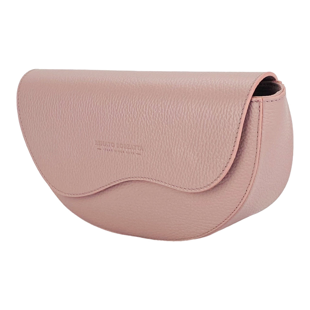 RB1027AZ | Women's Rounded Bandolier Bag in Genuine Leather Made in Italy. Removable and adjustable leather shoulder strap. Polished Nickel hardware - Antique Pink color - Dimensions: 25 x 15 x 9 cm.