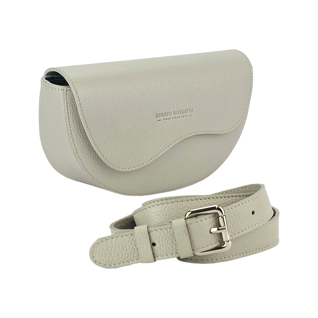 RB1027BO | Women's Rounded Bandolier Bag in Genuine Leather Made in Italy. Removable and adjustable leather shoulder strap. Polished Nickel hardware - Ice color - Dimensions: 25 x 15 x 9 cm.