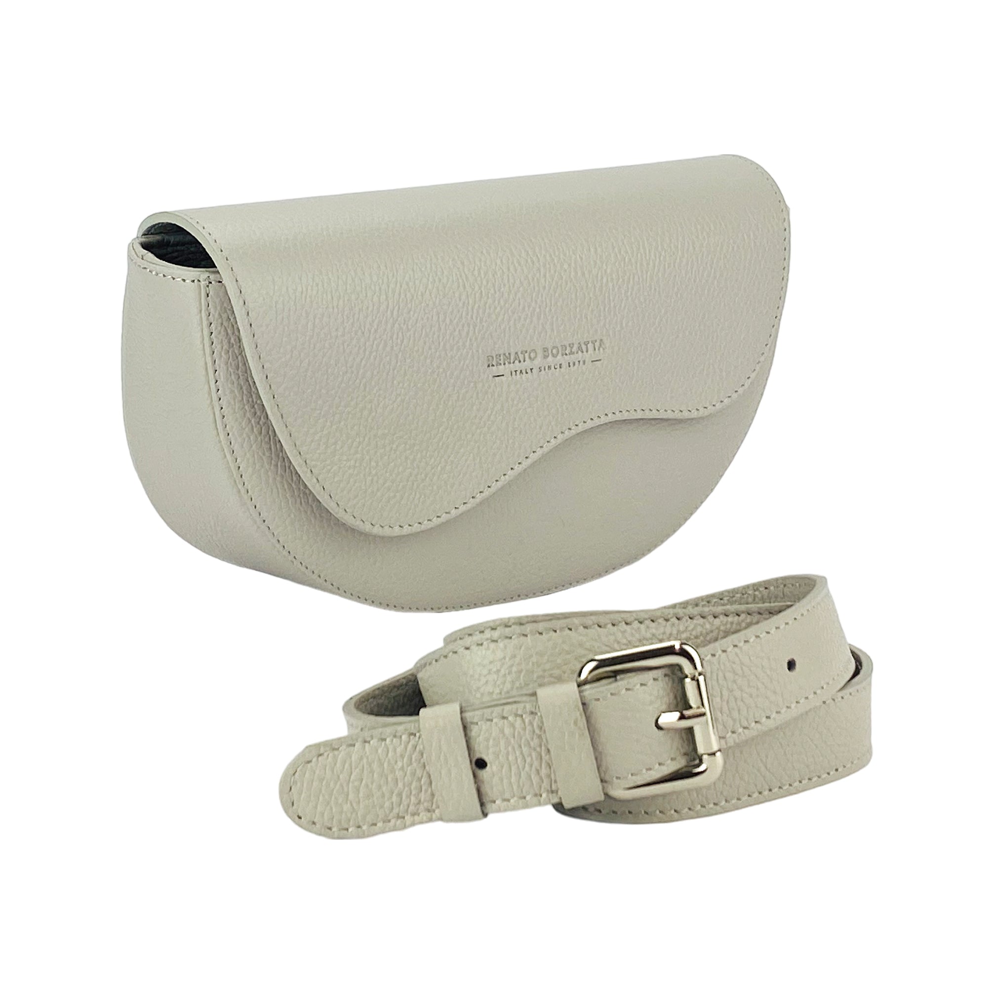 RB1027BO | Women's Rounded Bandolier Bag in Genuine Leather Made in Italy. Removable and adjustable leather shoulder strap. Polished Nickel hardware - Ice color - Dimensions: 25 x 15 x 9 cm.