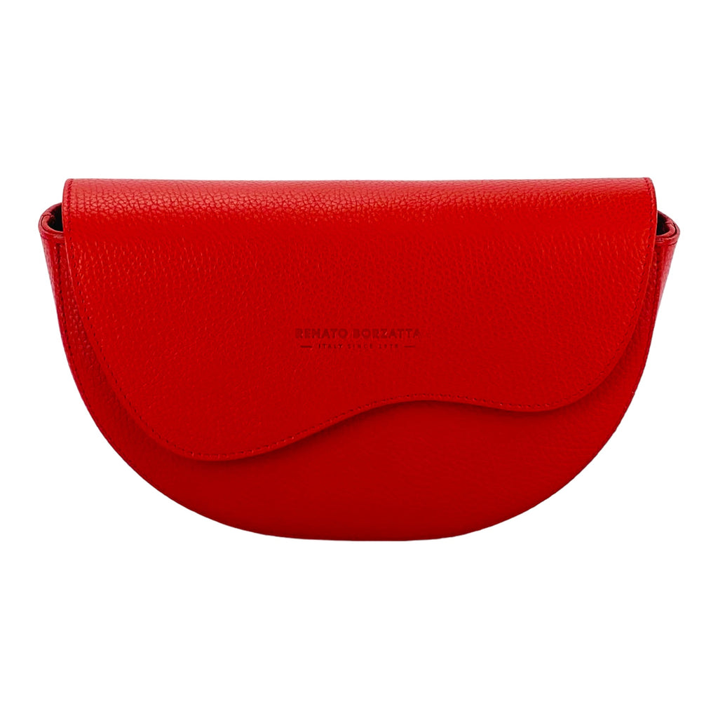 RB1027V | Women's Rounded Bandolier Bag in Genuine Leather Made in Italy. Removable and adjustable leather shoulder strap. Shiny Nickel hardware - Red color - Dimensions: 25 x 15 x 9 cm.