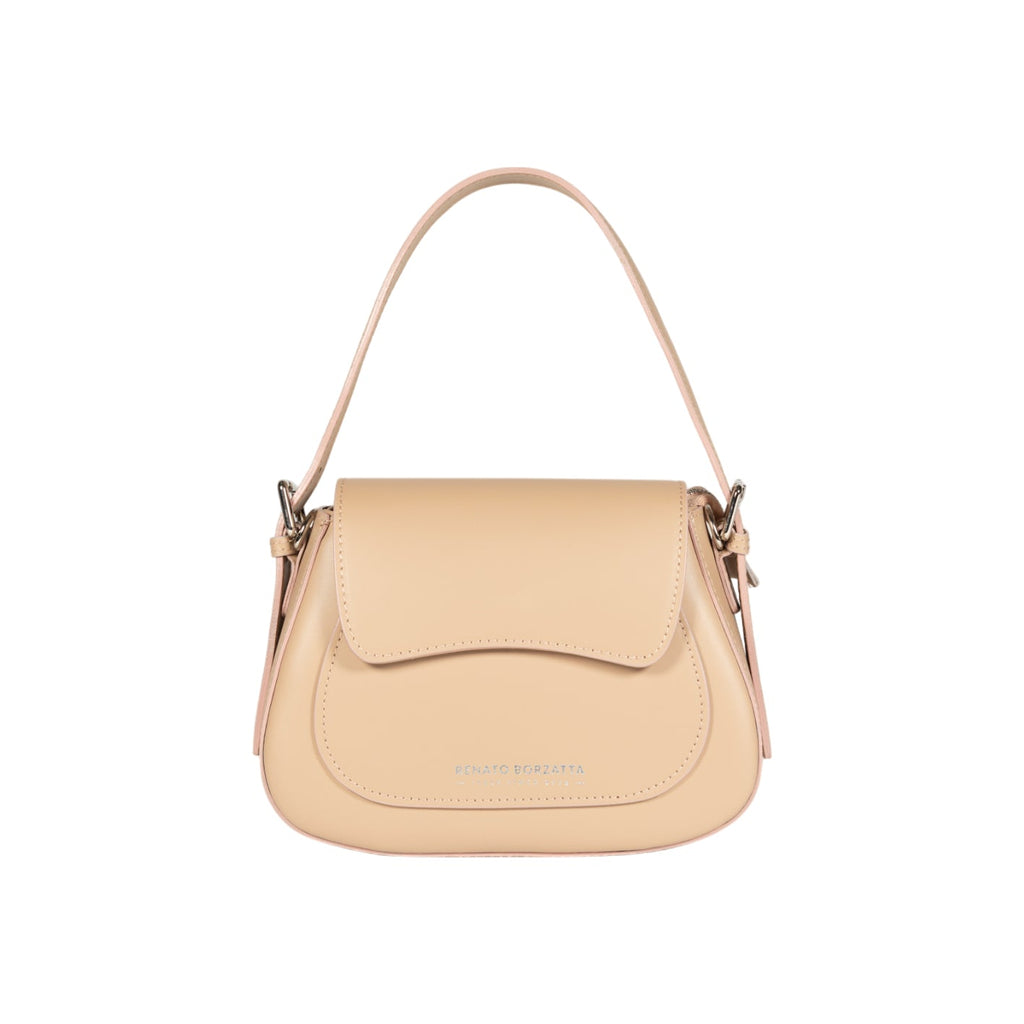 RB1030AL | EMMA Women's Shoulder Bag with flap in Genuine Leather Made in Italy. Shiny Silver metal hardware - Beige color - Dimensions: 24 x 18 x 9 cm + 14.5 (Handle light)