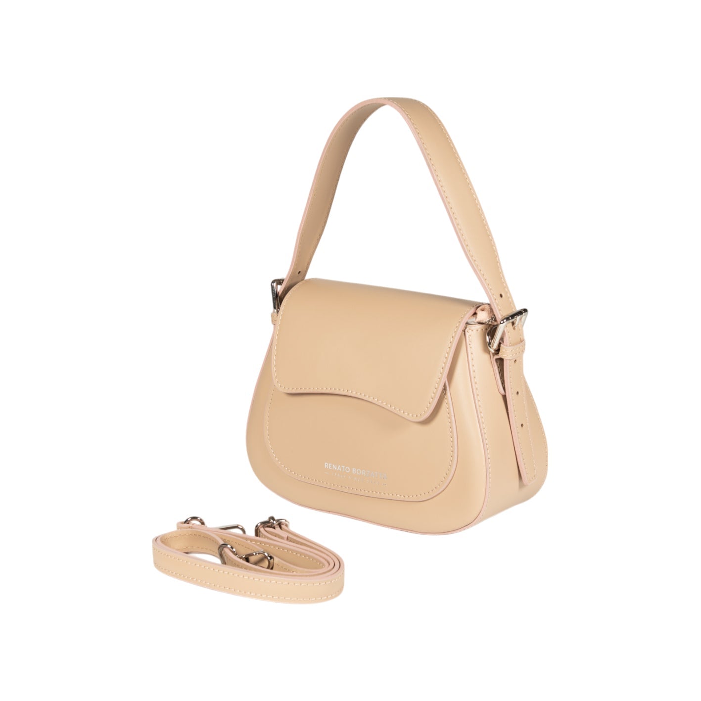 RB1030AL | EMMA Women's Shoulder Bag with flap in Genuine Leather Made in Italy. Shiny Silver metal hardware - Beige color - Dimensions: 24 x 18 x 9 cm + 14.5 (Handle light)