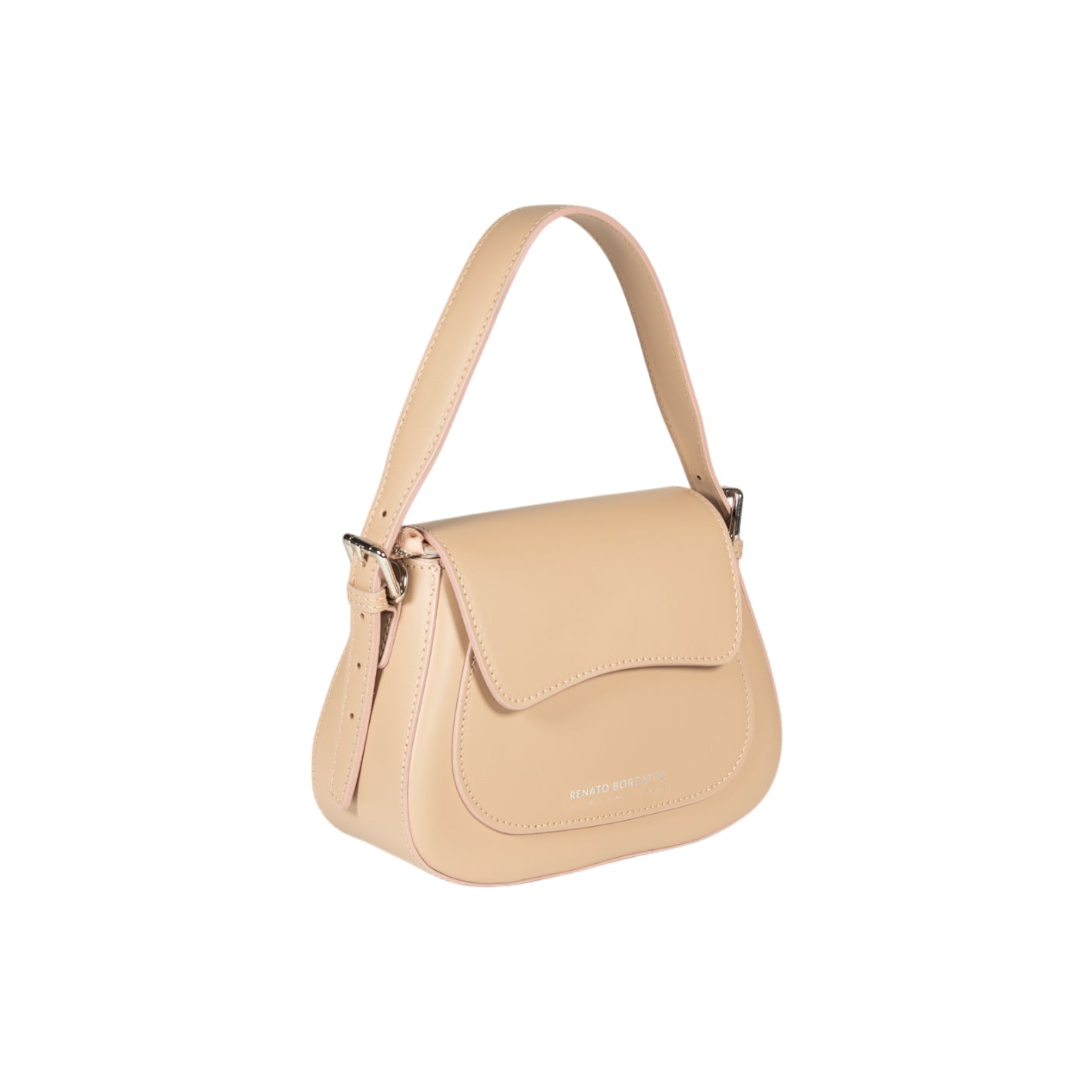 RB1030AL | EMMA Women's Shoulder Bag with flap in Genuine Leather Made in Italy. Shiny Silver metal hardware - Beige color - Dimensions: 24 x 18 x 9 cm + 14.5 (Handle light)