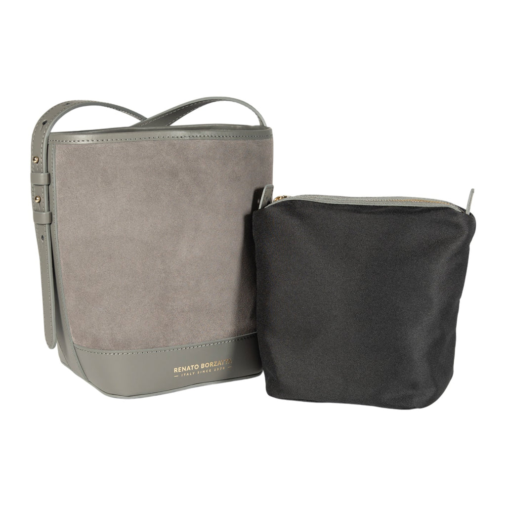 RB1031F | BRENDA Genuine Leather Women's Bucket Bag Made in Italy. Shiny Gold metal hardware - Grey color - Dimensions: 25 x 23.5 x 17 cm.