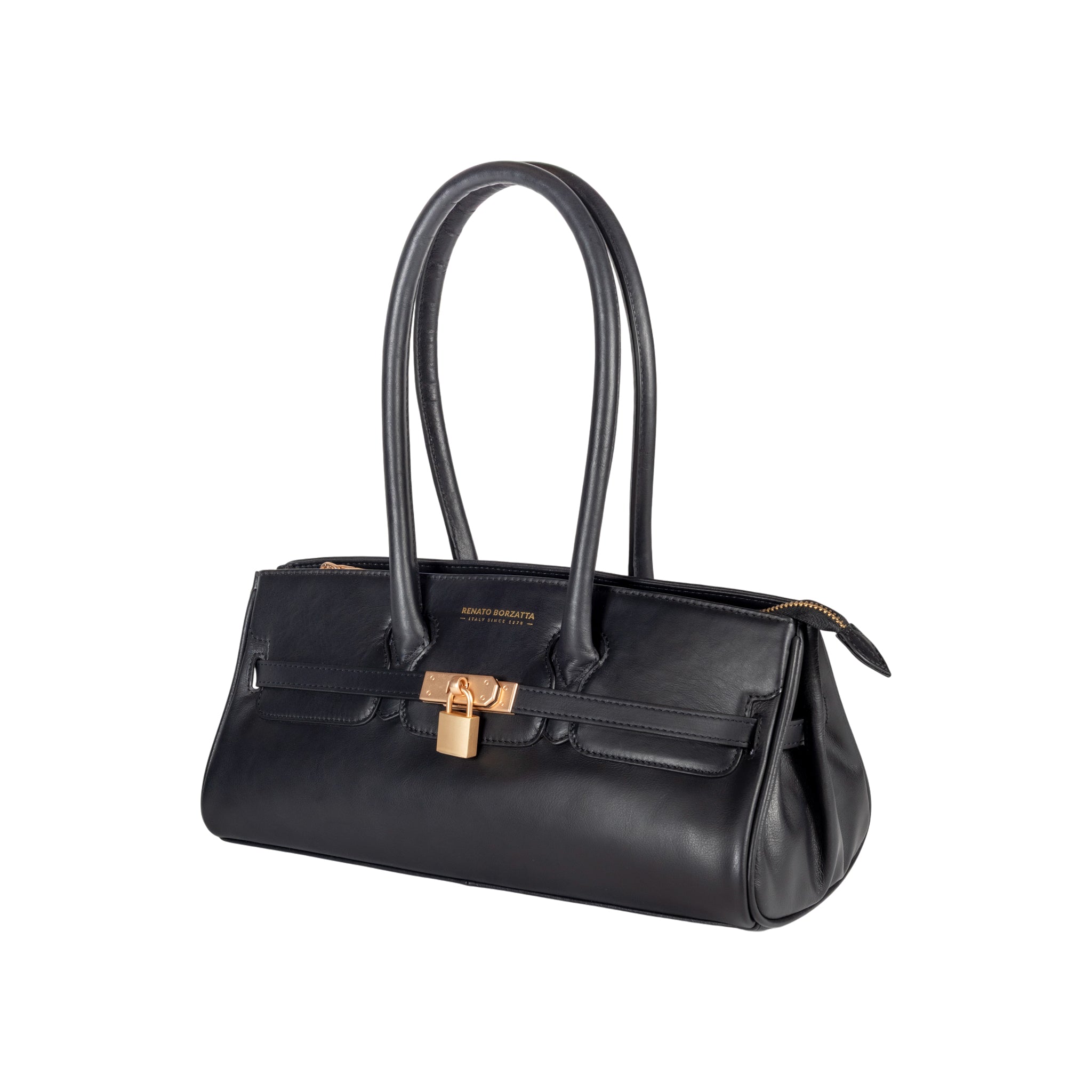 RB1033A | ARIANNA Women's Shoulder Bag in Soft Genuine Sauvage Leather Made in Italy. Matte Gold Metal Accessories. Color: Black. Dimensions: 34 x 15 x 16 + 20 cm (handle drop)