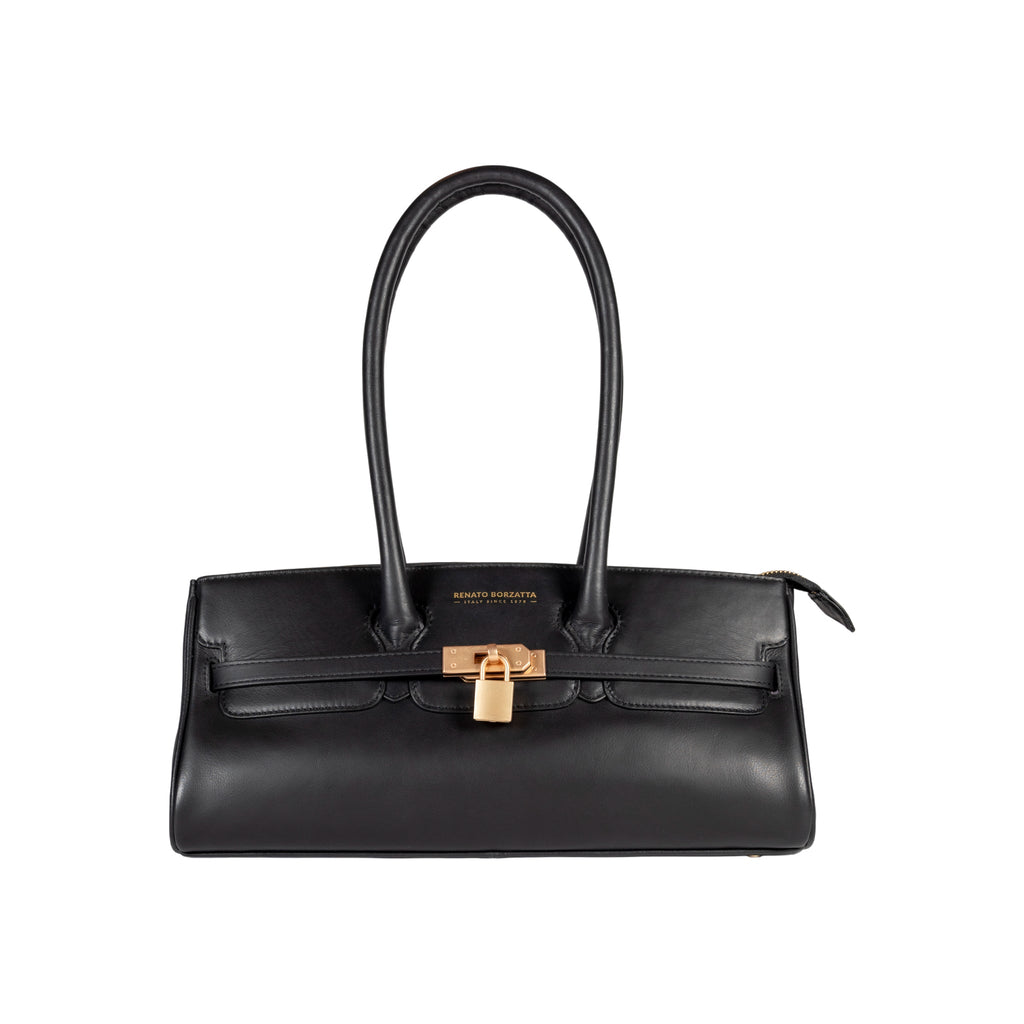 RB1033A | ARIANNA Women's Shoulder Bag in Soft Genuine Sauvage Leather Made in Italy. Matte Gold Metal Accessories. Color: Black. Dimensions: 34 x 15 x 16 + 20 cm (handle drop)