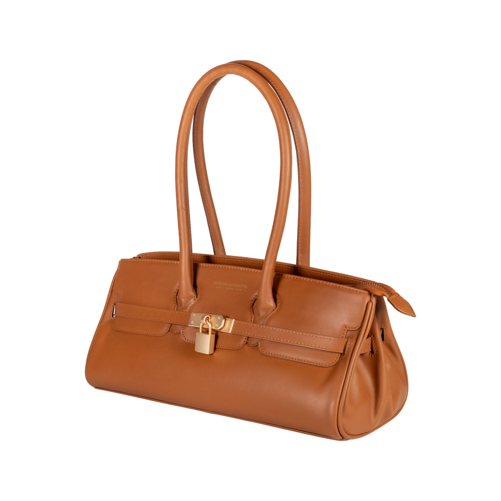 RB1033S | ARIANNA Women's Shoulder Bag in Soft Genuine Sauvage Leather, Made in Italy. Matte Gold Metal Hardware. Cognac Color. Dimensions: 34 x 15 x 16 + 20 cm (Handle Drop)
