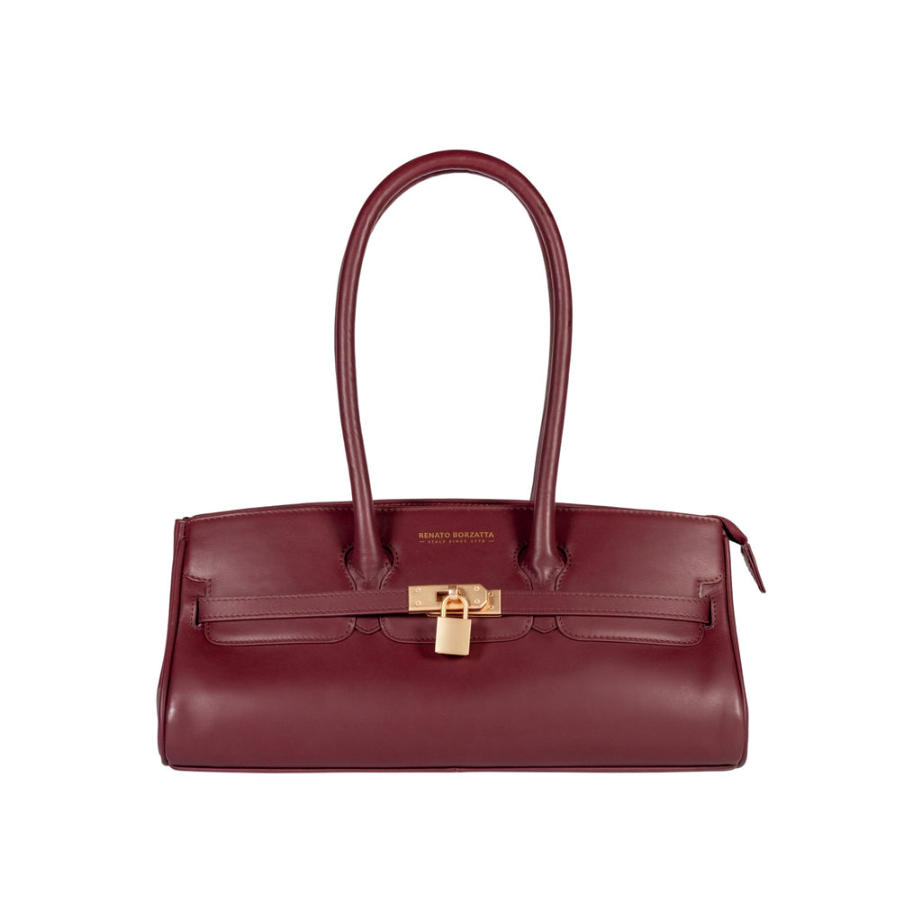 RB1033X | ARIANNA Women's Shoulder Bag in Soft Genuine Sauvage Leather Made in Italy. Matte Gold Metal Accessories. Bordeaux Color. Dimensions: 34 x 15 x 16 + 20 cm (Handle Drop)
