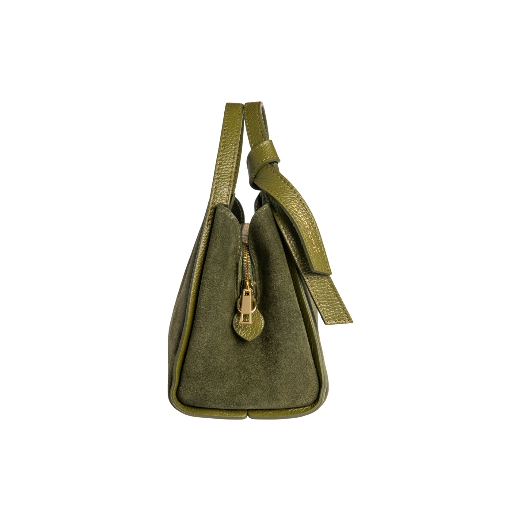 RB1035CR | ALICE Women's Handbag in Genuine Suede, Made in Italy. Polished Gold Metal Hardware. Forest Color. Dimensions: 26 x 20 x 15 + 12 cm (Handle Drop)