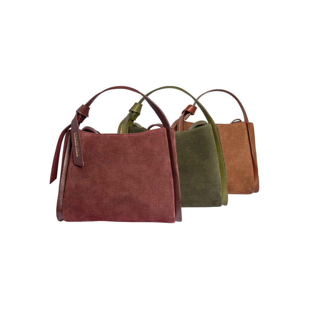 RB1035CR | ALICE Women's Handbag in Genuine Suede, Made in Italy. Polished Gold Metal Hardware. Forest Color. Dimensions: 26 x 20 x 15 + 12 cm (Handle Drop)