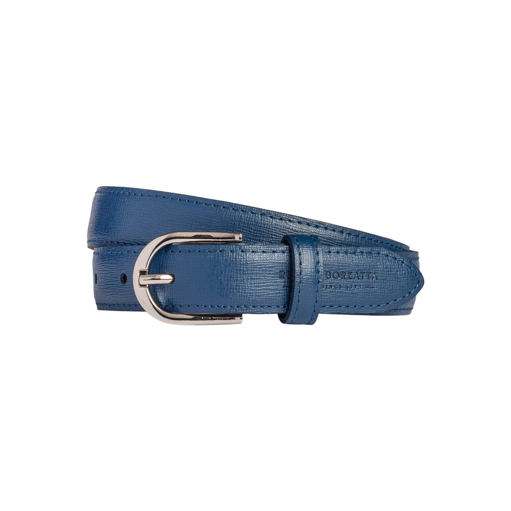 RB4016D | Women's Belt Made in Italy in Genuine Saffiano Leather. Polished Silver Buckle. Color: Blue. Dimensions: 115 x 2.5 x 0.5 cm (waistline 100 cm)