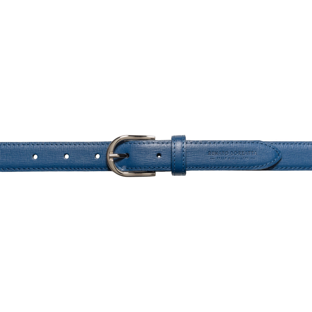 RB4016D | Women's Belt Made in Italy in Genuine Saffiano Leather. Polished Silver Buckle. Color: Blue. Dimensions: 115 x 2.5 x 0.5 cm (waistline 100 cm)