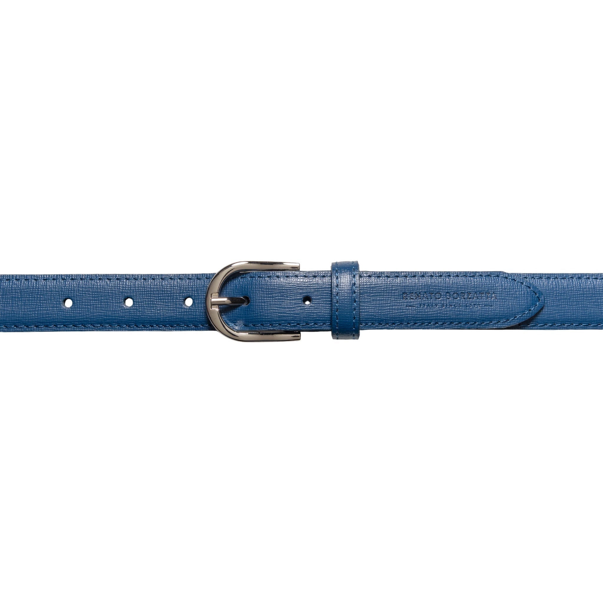 RB4016D | Women's Belt Made in Italy in Genuine Saffiano Leather. Polished Silver Buckle. Color: Blue. Dimensions: 115 x 2.5 x 0.5 cm (waistline 100 cm)