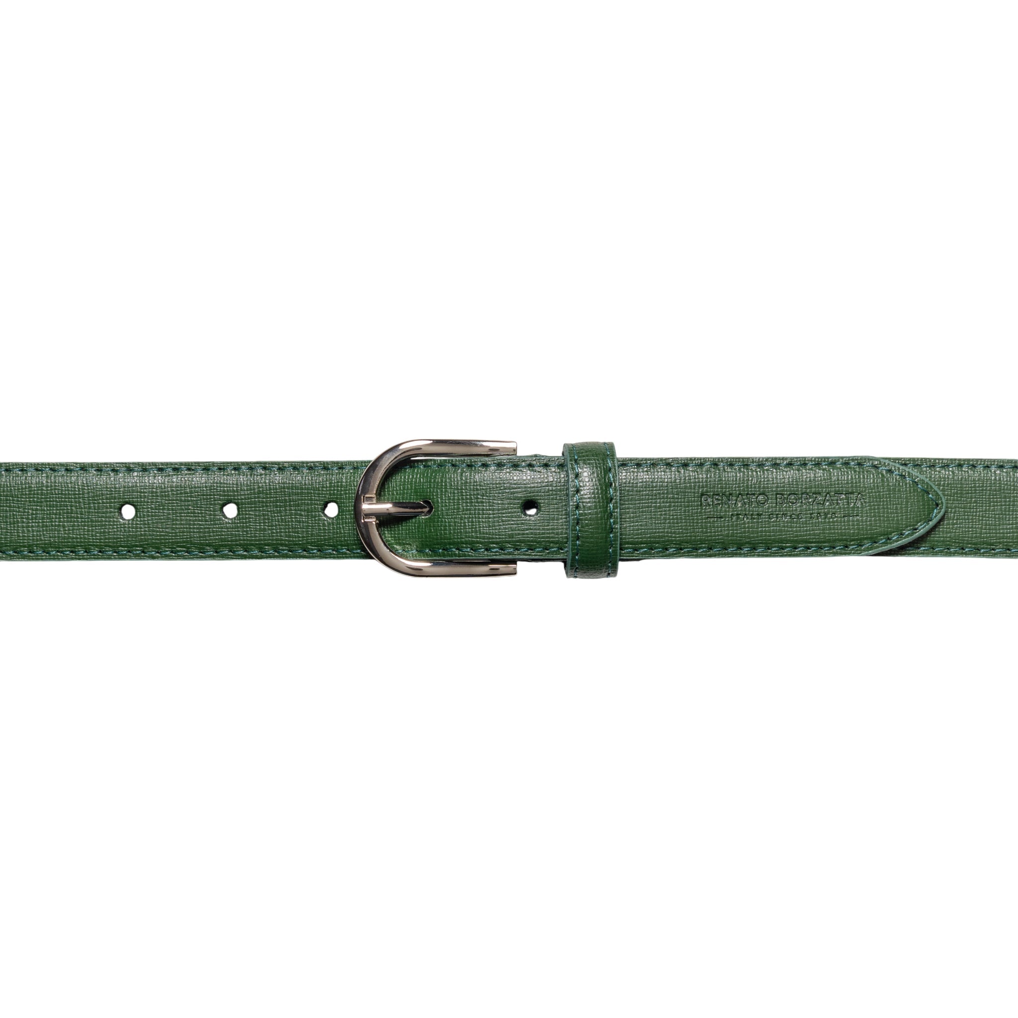 RB4016E | Women's Belt Made in Italy in Genuine Saffiano Leather. Polished Silver Buckle. Green. Dimensions: 115 x 2.5 x 0.5 cm (waistline 100 cm)