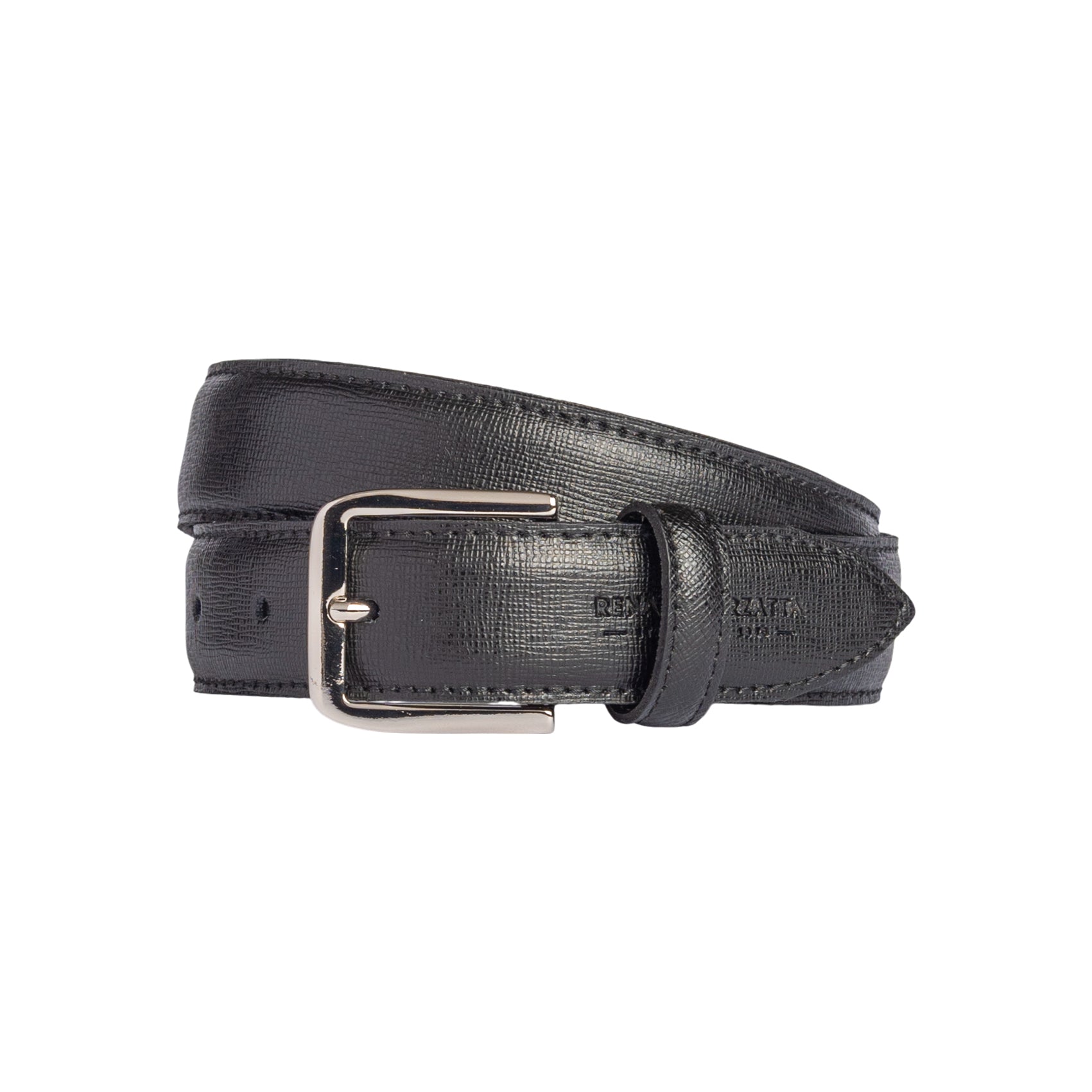 RB4017A | Women's Belt Made in Italy in Genuine Saffiano Leather. Polished Silver Buckle. Color: Black. Dimensions: 115 x 3.0 x 0.5 cm (waistline 100 cm)