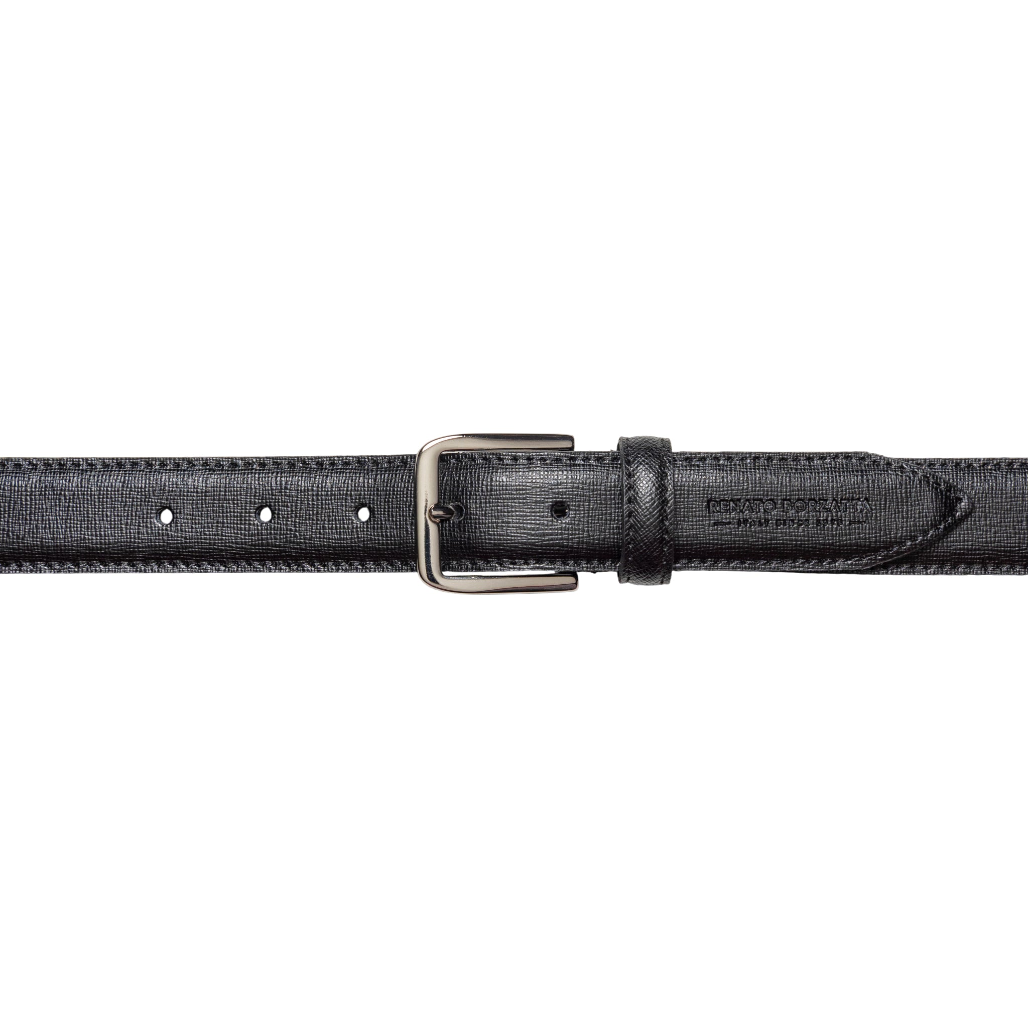 RB4017A | Women's Belt Made in Italy in Genuine Saffiano Leather. Polished Silver Buckle. Color: Black. Dimensions: 115 x 3.0 x 0.5 cm (waistline 100 cm)