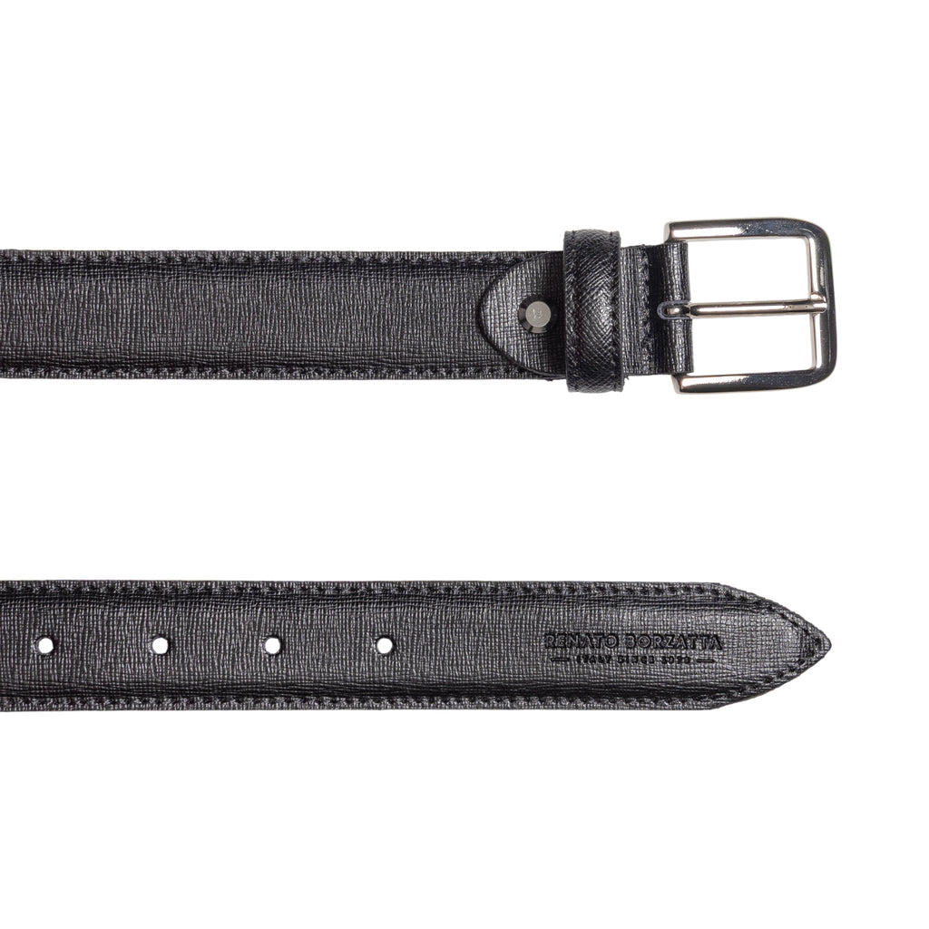 RB4017A | Women's Belt Made in Italy in Genuine Saffiano Leather. Polished Silver Buckle. Color: Black. Dimensions: 115 x 3.0 x 0.5 cm (waistline 100 cm)
