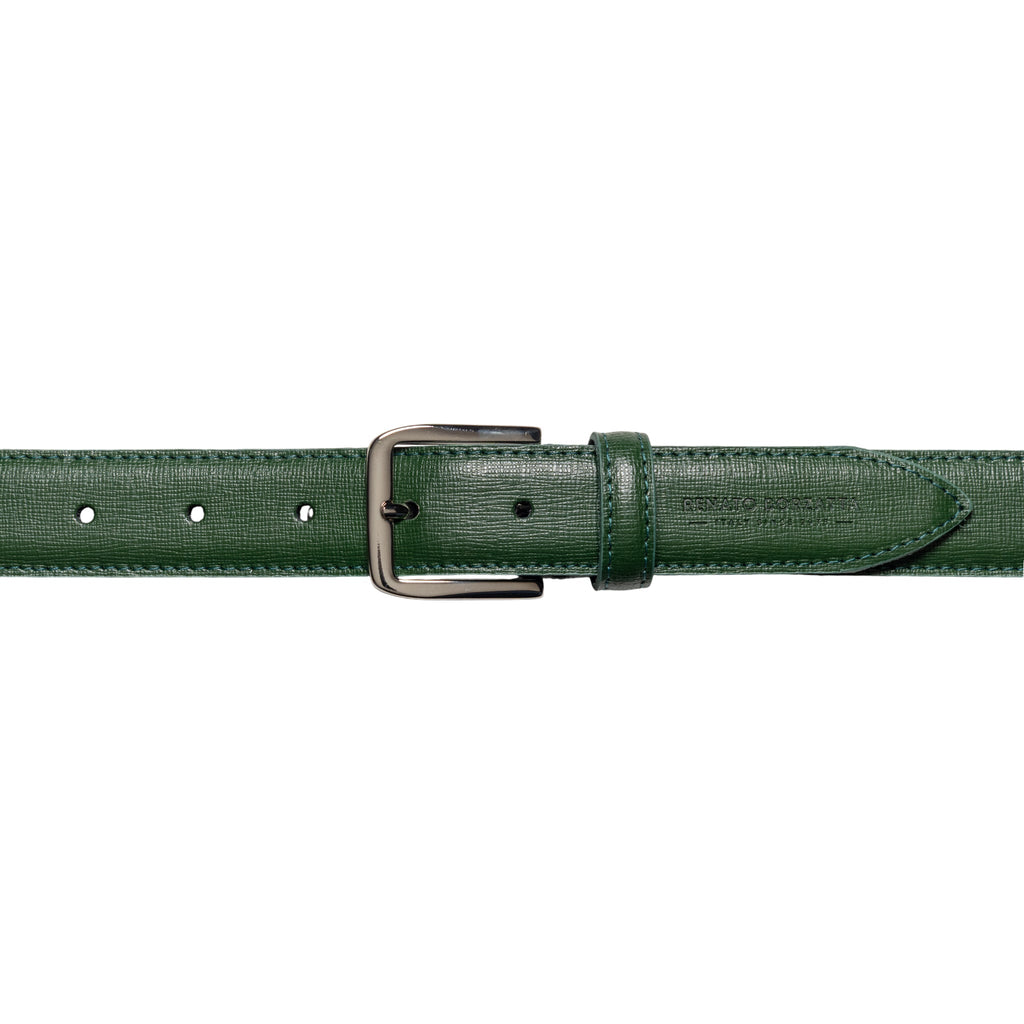 RB4017E | Women's Belt Made in Italy in Genuine Saffiano Leather. Polished Silver Buckle. Green. Dimensions: 115 x 3.0 x 0.5 cm (waistline 100 cm).