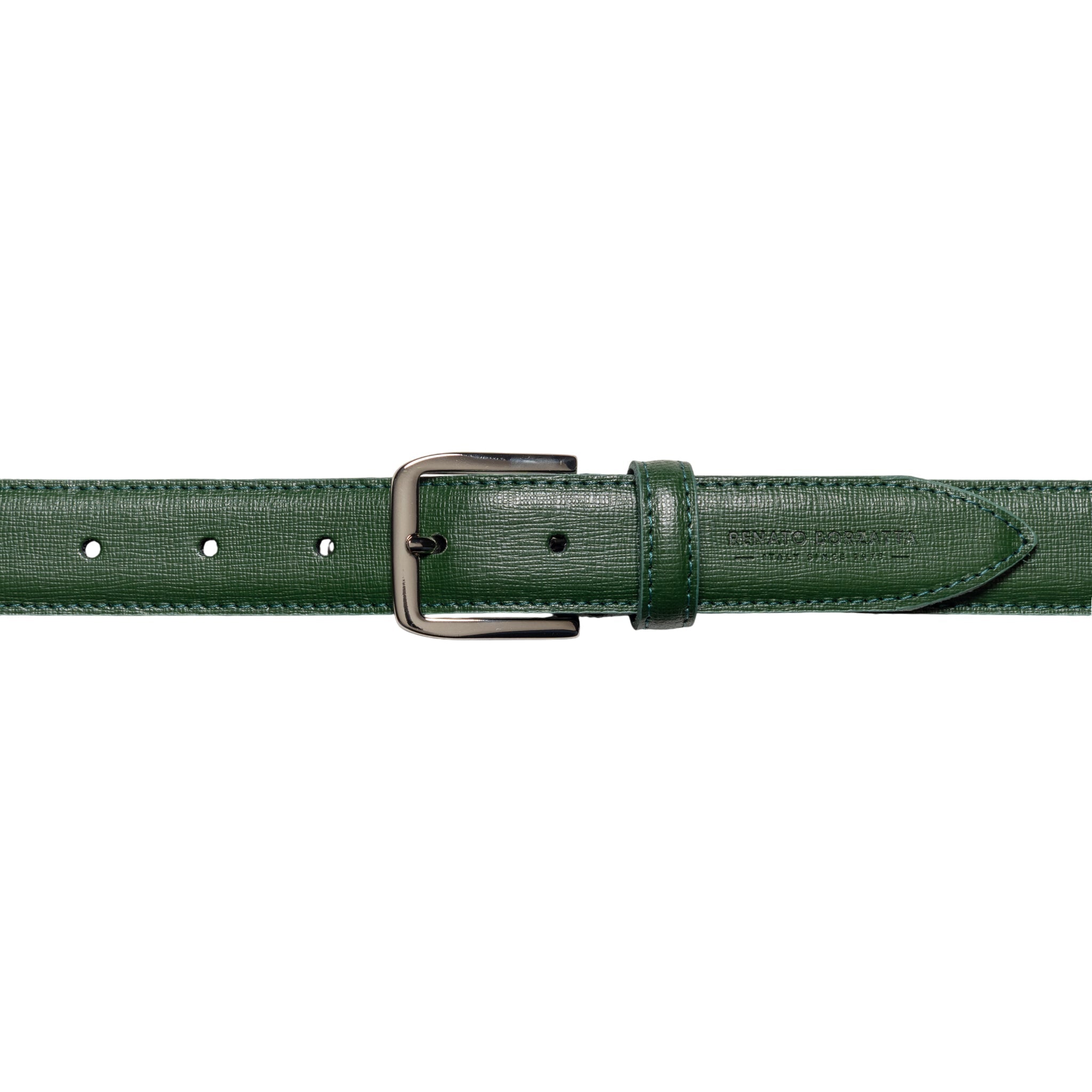 RB4017E | Women's Belt Made in Italy in Genuine Saffiano Leather. Polished Silver Buckle. Green. Dimensions: 115 x 3.0 x 0.5 cm (waistline 100 cm).