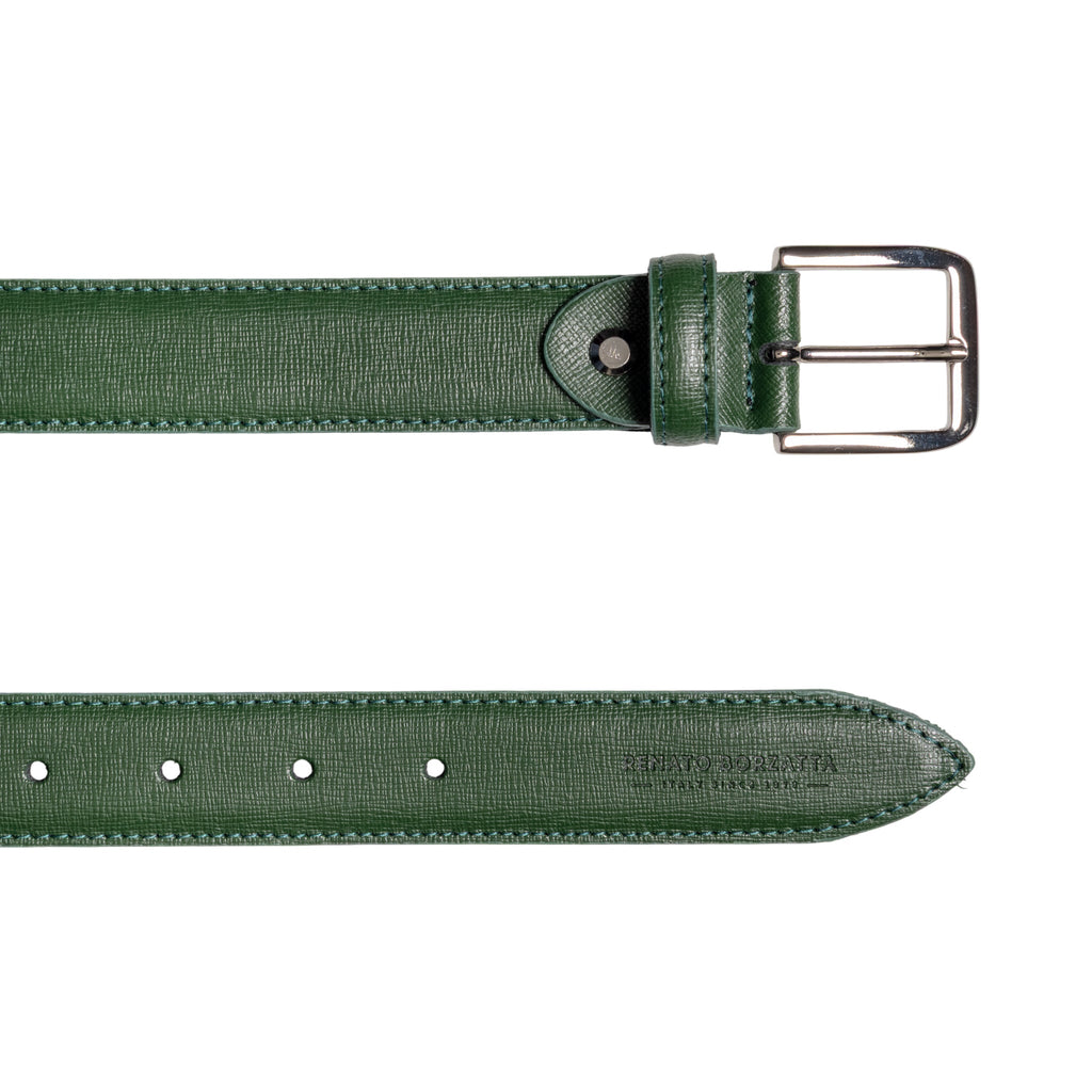 RB4017E | Women's Belt Made in Italy in Genuine Saffiano Leather. Polished Silver Buckle. Green. Dimensions: 115 x 3.0 x 0.5 cm (waistline 100 cm).
