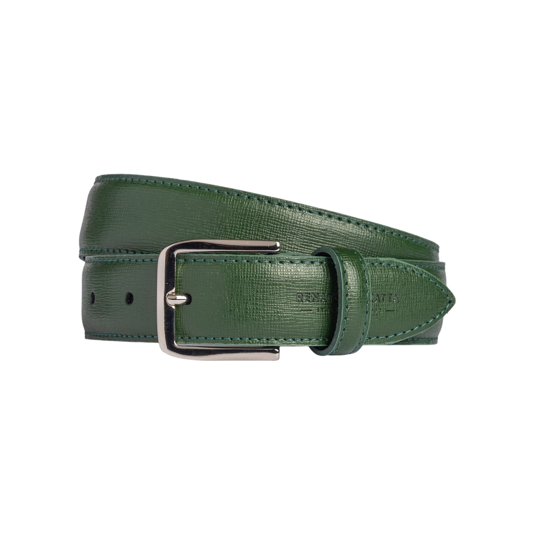 RB4017E | Women's Belt Made in Italy in Genuine Saffiano Leather. Polished Silver Buckle. Green. Dimensions: 115 x 3.0 x 0.5 cm (waistline 100 cm).