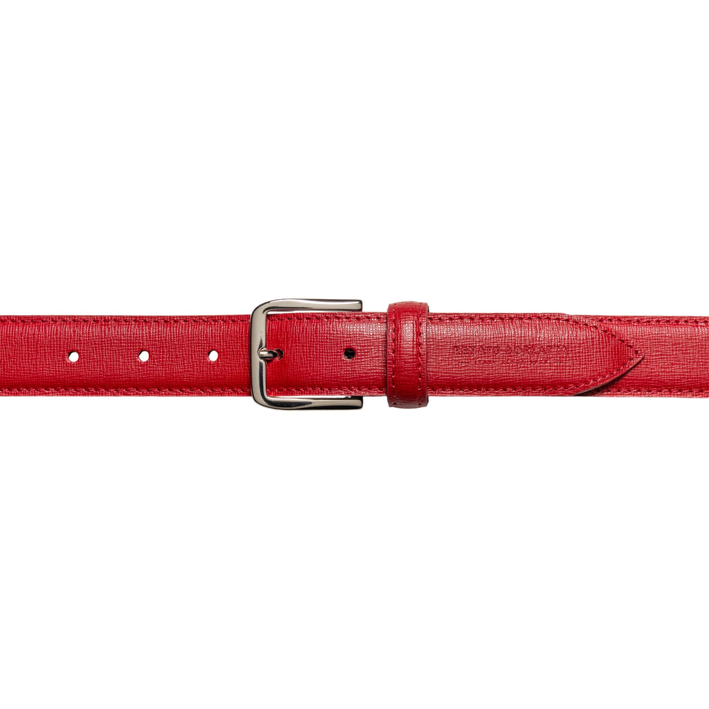 RB4017V | Women's Belt Made in Italy in Genuine Saffiano Leather. Polished Silver Buckle. Color: Red. Dimensions: 115 x 3.0 x 0.5 cm (waistline 100 cm)