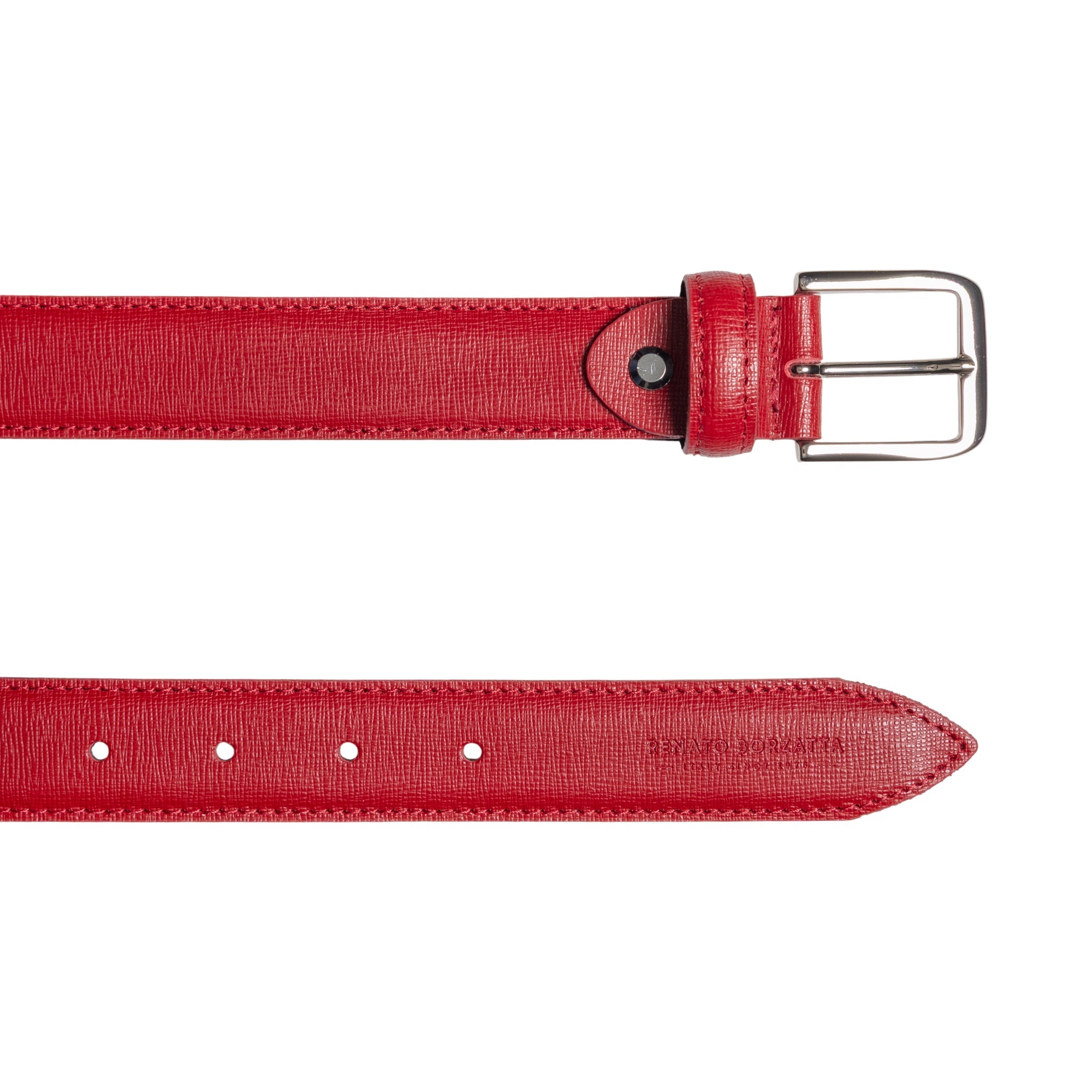 RB4017V | Women's Belt Made in Italy in Genuine Saffiano Leather. Polished Silver Buckle. Color: Red. Dimensions: 115 x 3.0 x 0.5 cm (waistline 100 cm)