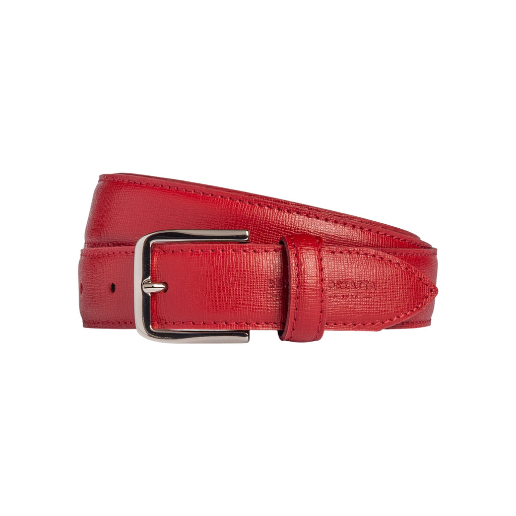 RB4017V | Women's Belt Made in Italy in Genuine Saffiano Leather. Polished Silver Buckle. Color: Red. Dimensions: 115 x 3.0 x 0.5 cm (waistline 100 cm)